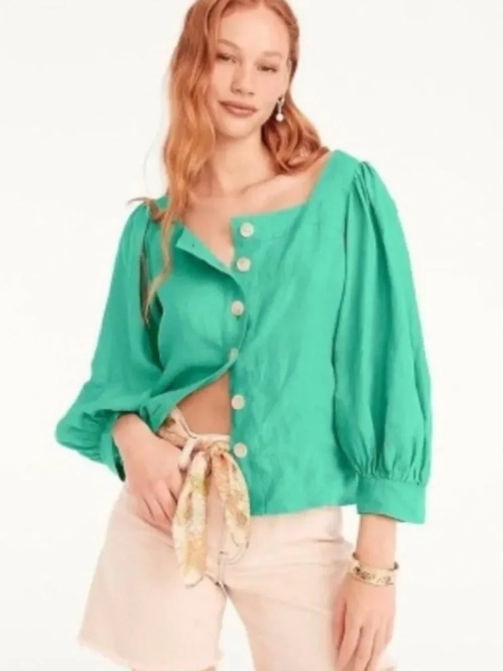 J.crew Squareneck Button-Front Linen Top Green Women's Medium